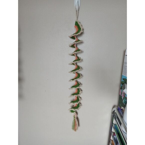 Handmade Colorful Green Cream & Coral Acrylic Crochet Spiral Wind Spinner Decor - Picture 5 of 8